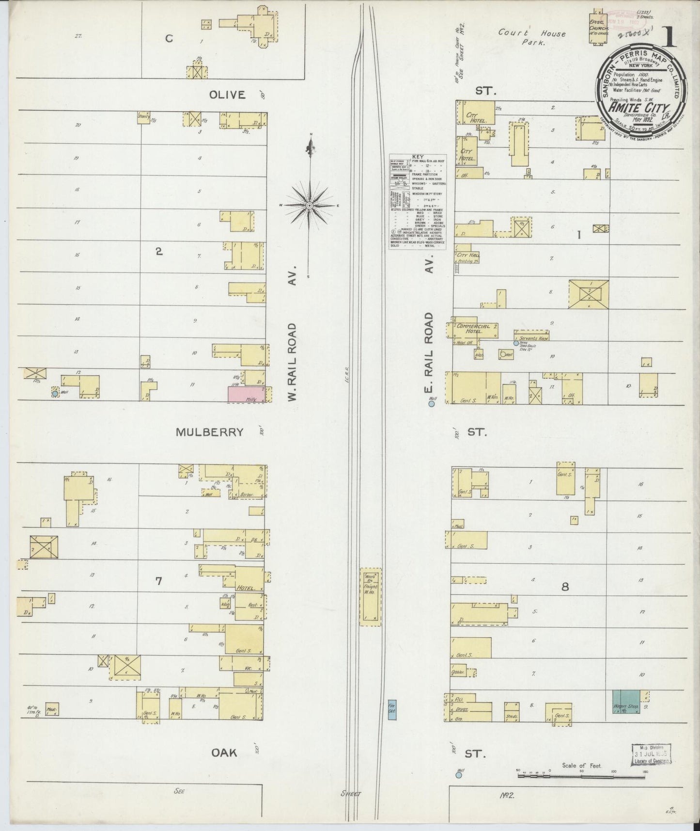 Sanborn Fire Insurance Map from Amite, Tangipahoa Parish, Louisiana (1892), Sheet #0001 - Complete Map Set gallery image, historic Sanborn map, vintage wall art, Louisiana Louisiana