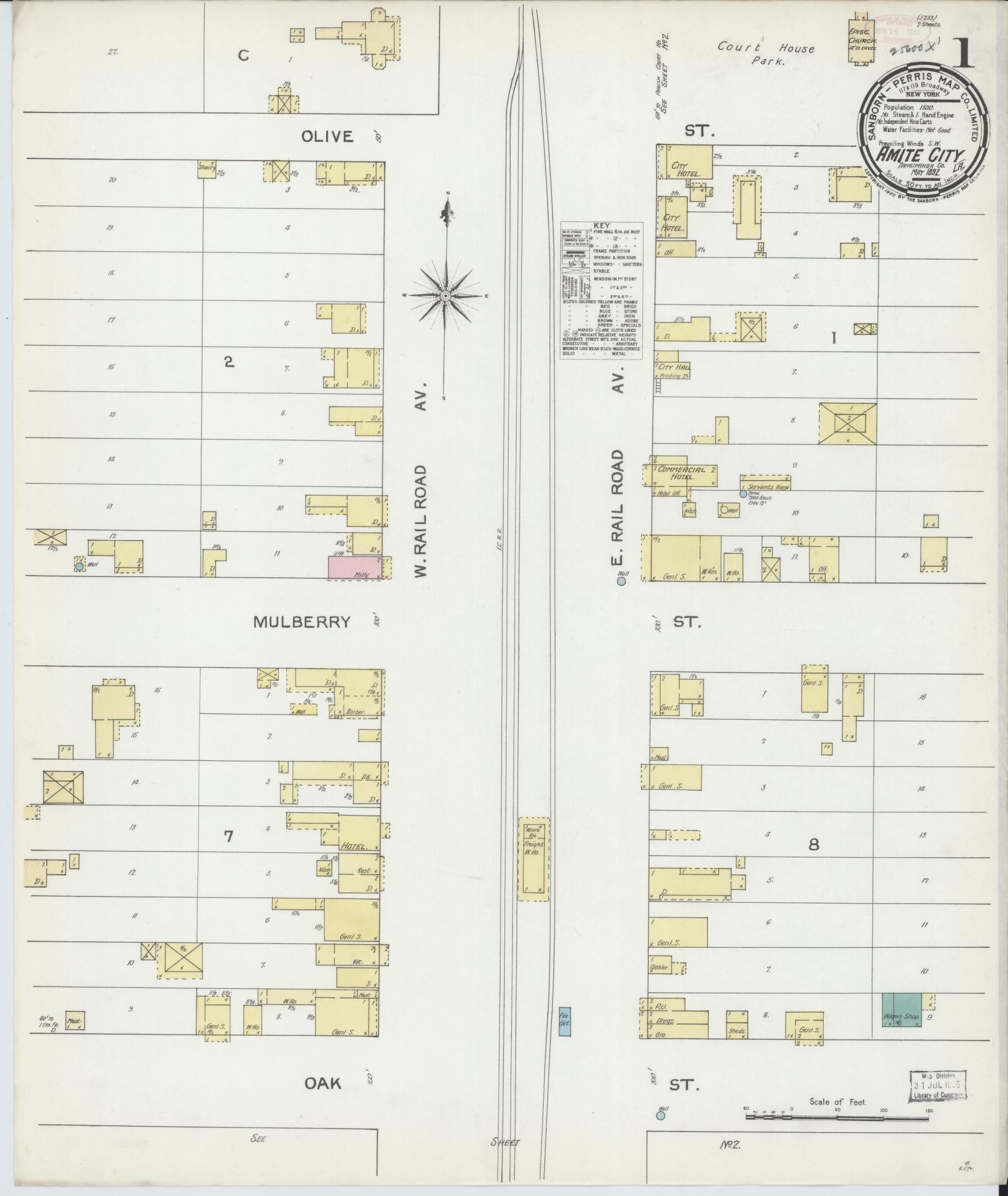 Sanborn Fire Insurance Map from Amite, Tangipahoa Parish, Louisiana (1892), Sheet #0001 - Complete Map Set gallery image, historic Sanborn map, vintage wall art, Louisiana Louisiana