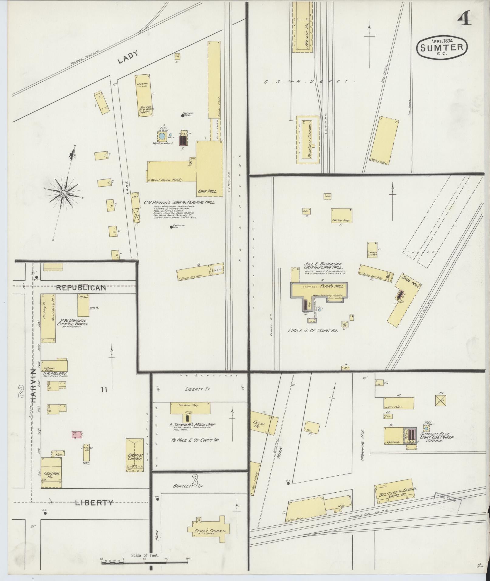 Sanborn Fire Insurance Map from Sumter, Sumter County, South Carolina (1894), Sheet #0004 - Historic Sanborn Fire Insurance Map Print, vintage old map wall art, antique decor, genealogy gift, South Carolina South Carolina map