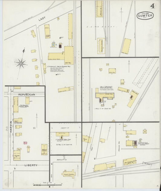 Sanborn Fire Insurance Map from Sumter, Sumter County, South Carolina (1894), Sheet #0004 - Historic Sanborn Fire Insurance Map Print, vintage old map wall art, antique decor, genealogy gift, South Carolina South Carolina map