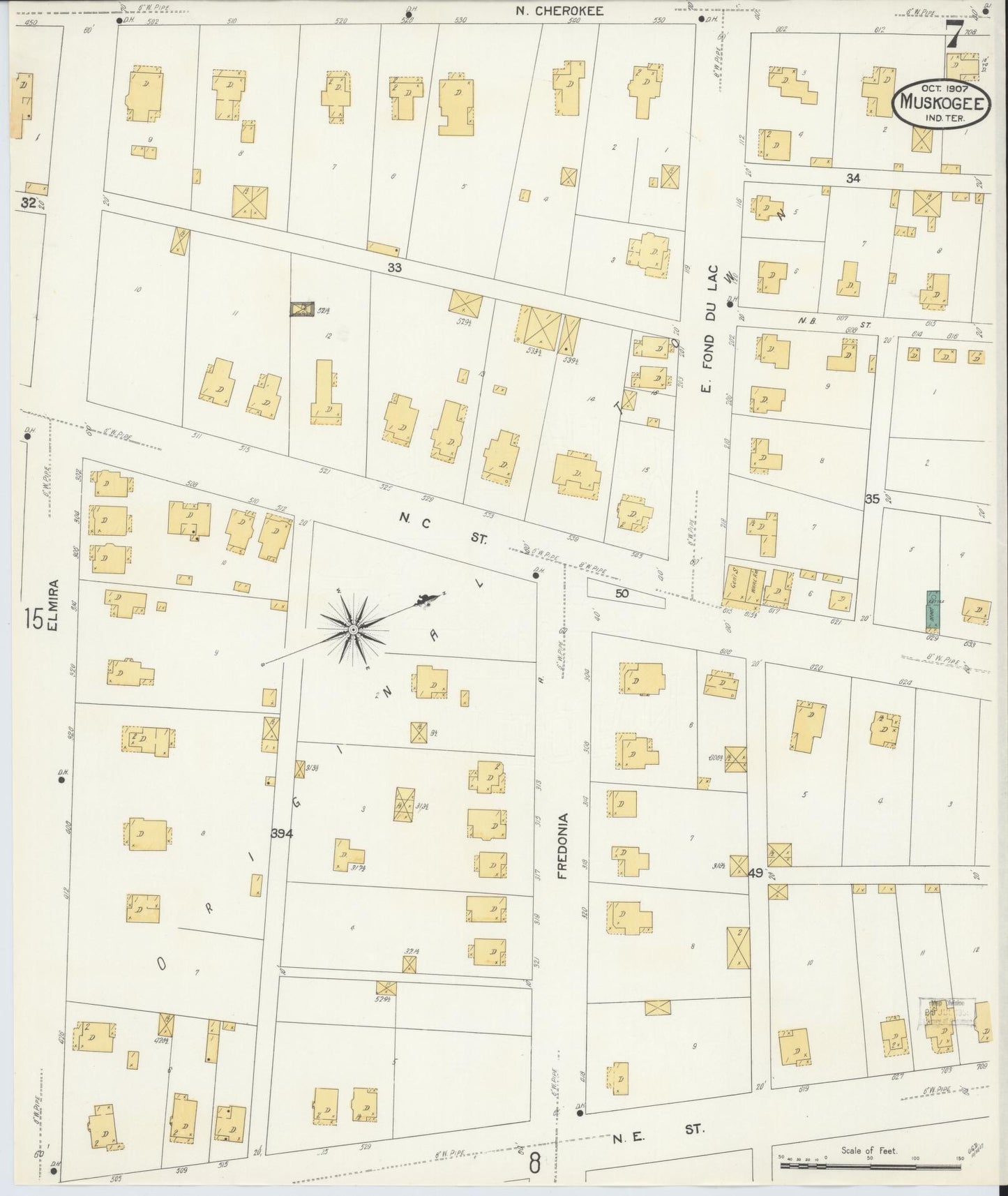 Sanborn Fire Insurance Map from Muskogee, Muskogee County, Oklahoma (1907), Sheet #0007 - Complete Map Set gallery image, historic Sanborn map, vintage wall art, Oklahoma Oklahoma
