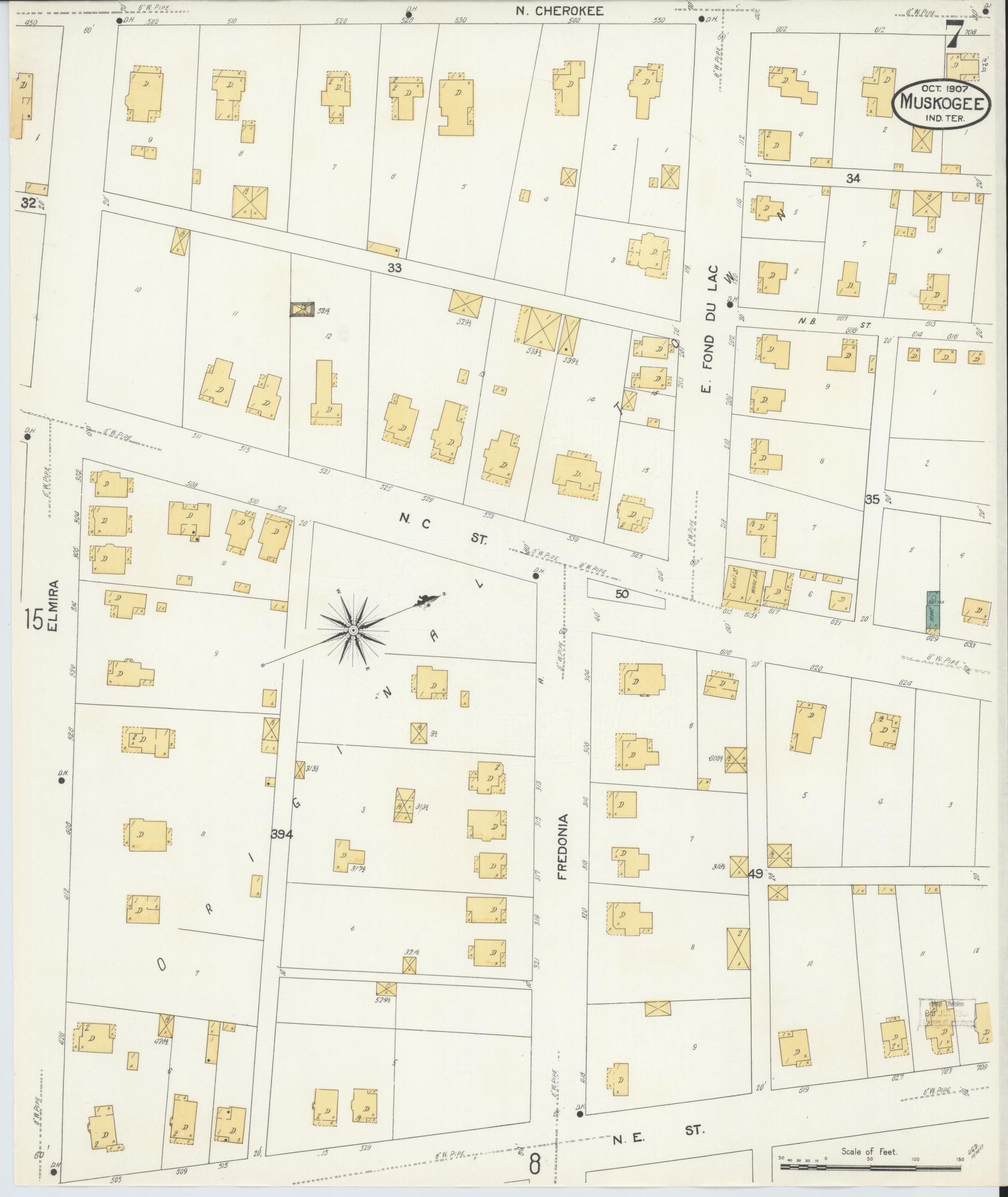 Sanborn Fire Insurance Map from Muskogee, Muskogee County, Oklahoma (1907), Sheet #0007 - Complete Map Set gallery image, historic Sanborn map, vintage wall art, Oklahoma Oklahoma