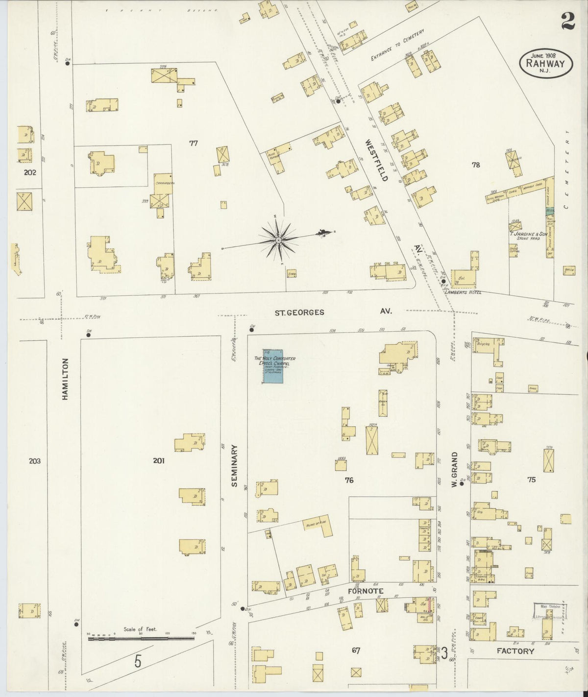 Sanborn Fire Insurance Map from Rahway, Union County, New Jersey (1908), Sheet #0002 - Complete Map Set gallery image, historic Sanborn map, vintage wall art, New Jersey New Jersey