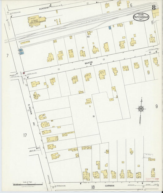 Sanborn Fire Insurance Map from Patchogue, Suffolk County, New York (1916), Sheet #0008 - Historic Sanborn Fire Insurance Map Print, vintage old map wall art, antique decor, genealogy gift, New York New York map