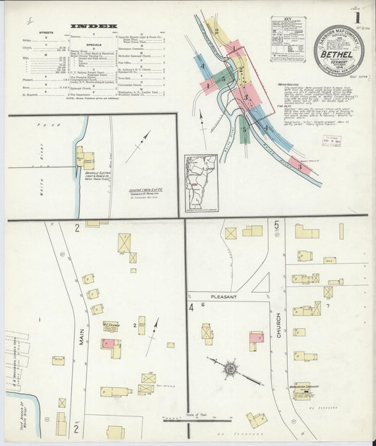 Sanborn Fire Insurance Map from Bethel, Windsor County, Vermont (1914), Sheet #0001 - Historic Sanborn Fire Insurance Map Print, vintage old map wall art, antique decor, genealogy gift, Vermont Vermont map