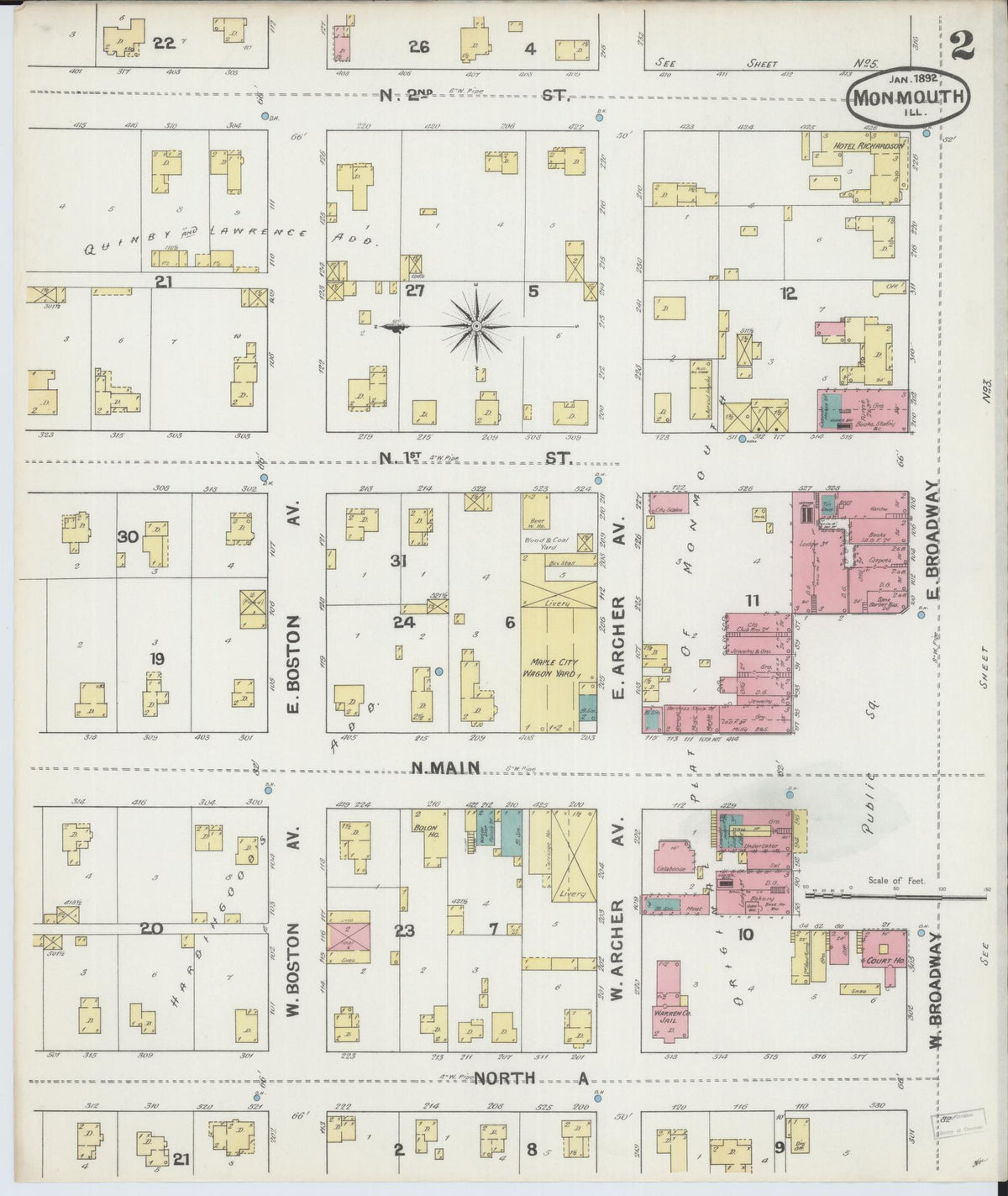Sanborn Fire Insurance Map from Monmouth, Warren County, Illinois (1892), Sheet #0002 - Historic Sanborn Fire Insurance Map Print, vintage old map wall art, antique decor, genealogy gift, Illinois Illinois map