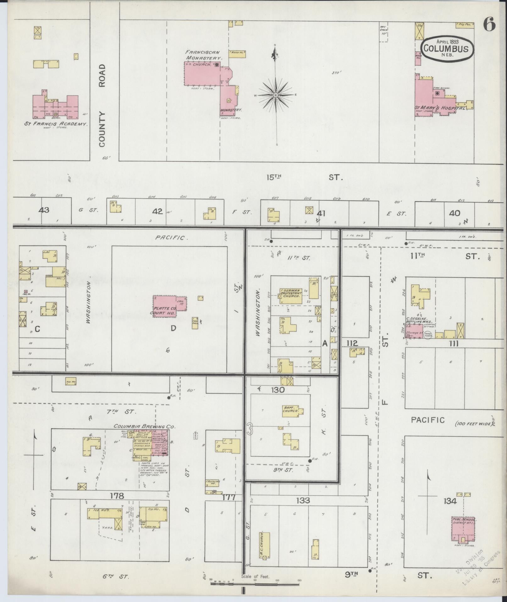 Sanborn Fire Insurance Map from Columbus, Platte County, Nebraska (1893), Sheet #0006 - Historic Sanborn Fire Insurance Map Print, vintage old map wall art, antique decor, genealogy gift, Nebraska Nebraska map
