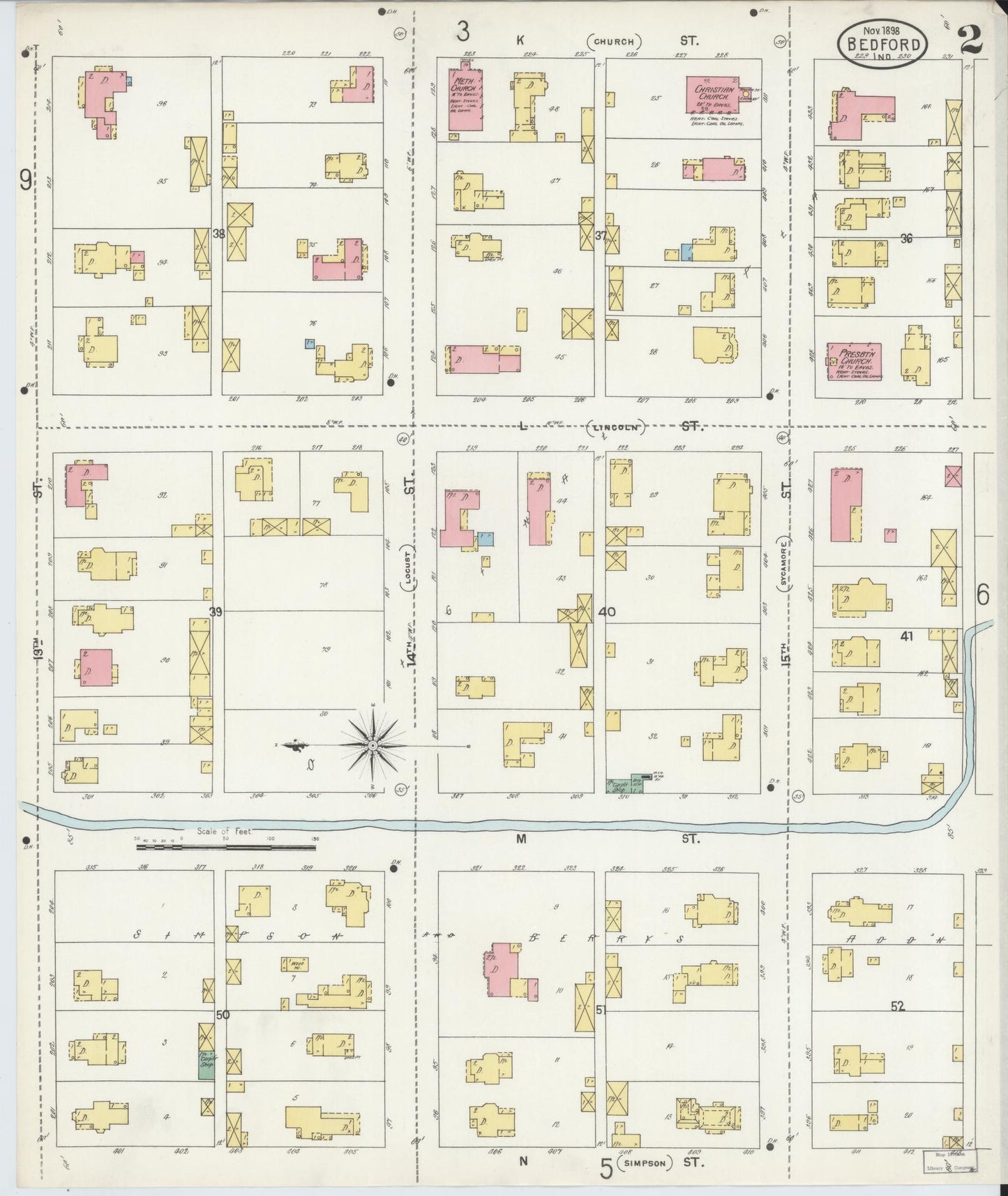 Sanborn Fire Insurance Map from Bedford, Lawrence County, Indiana (1898), Sheet #0002 - Complete Map Set gallery image, historic Sanborn map, vintage wall art, Indiana Indiana