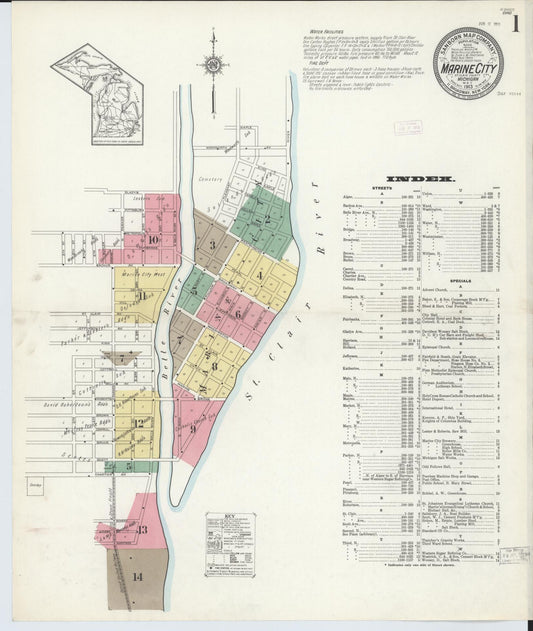 Sanborn Fire Insurance Map from Marine City, Saint Clair County, Michigan (1913), Sheet #0001 - Historic Sanborn Fire Insurance Map Print, vintage old map wall art, antique decor, genealogy gift, Michigan Michigan map