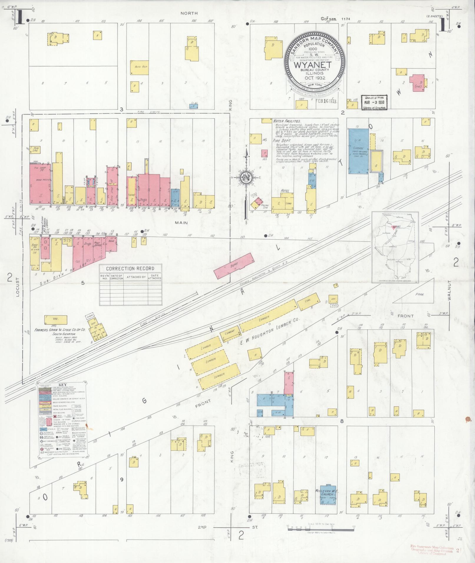 Sanborn Fire Insurance Map from Wyanet, Bureau County, Illinois (1932), Sheet #0001 - Complete Map Set gallery image, historic Sanborn map, vintage wall art, Illinois Illinois