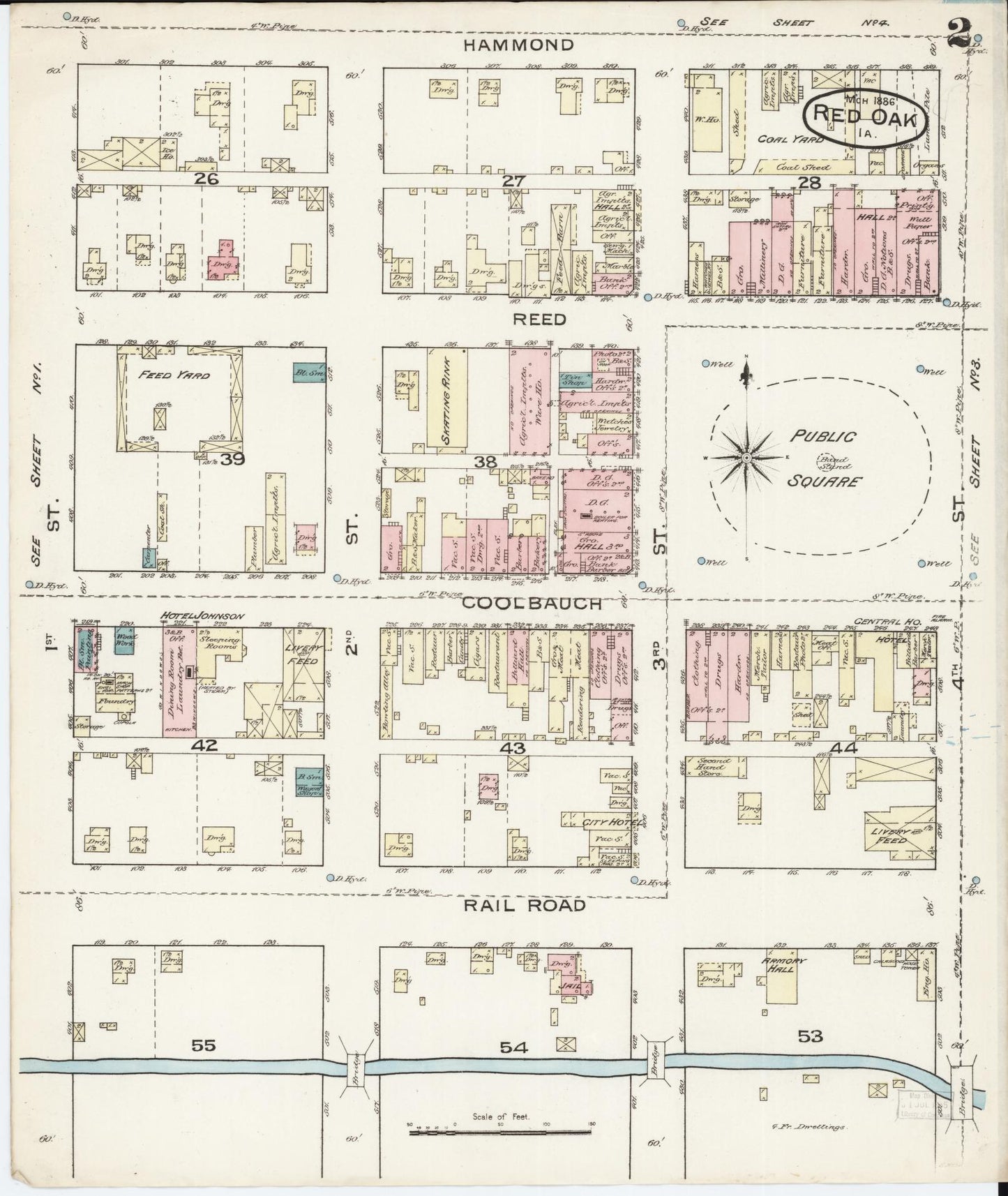 Sanborn Fire Insurance Map from Red Oak, Montgomery County, Iowa (1886), Sheet #0002 - Historic Sanborn Fire Insurance Map Print, vintage old map wall art