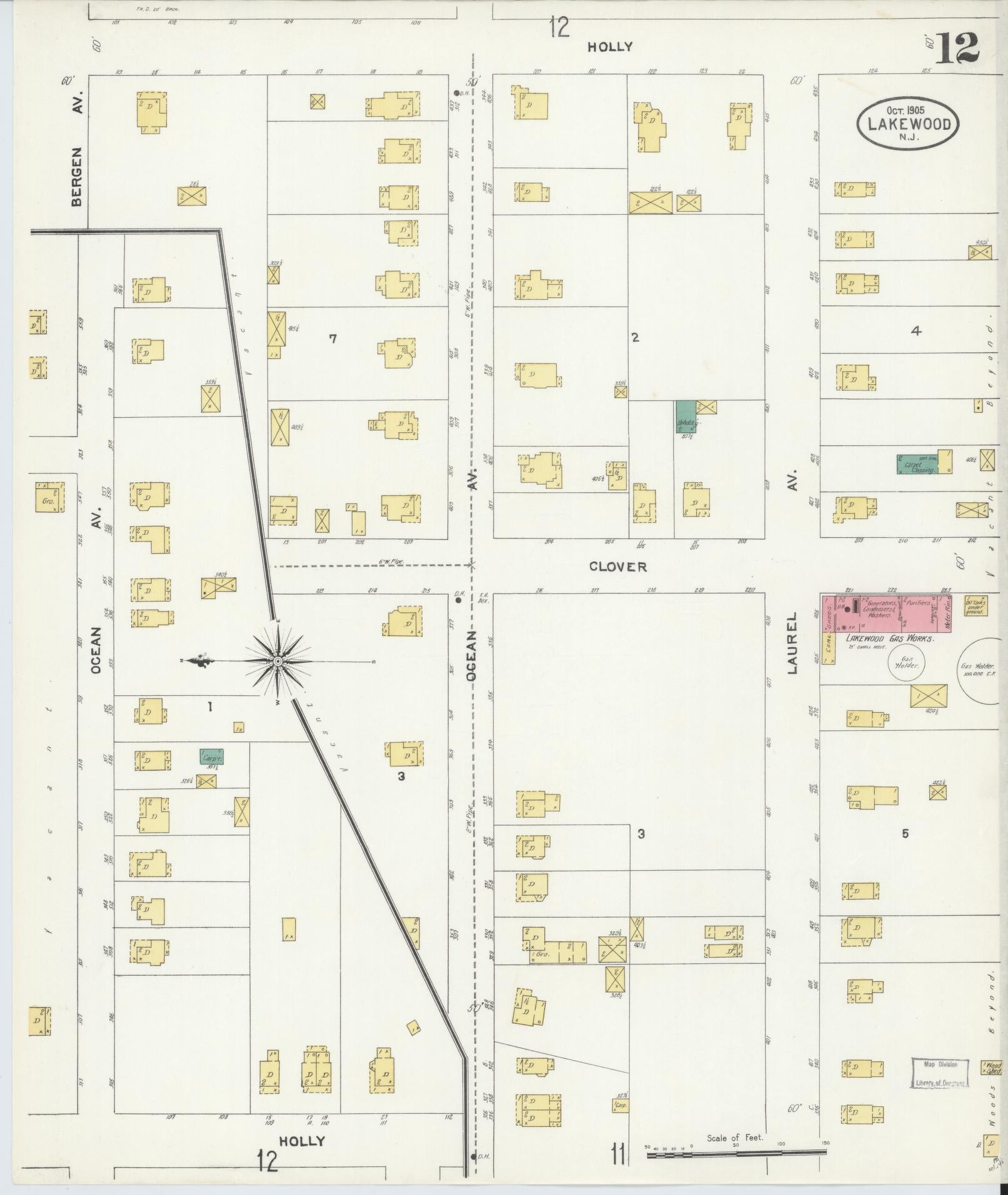Sanborn Fire Insurance Map from Lakewood, Ocean County, New Jersey (1905), Sheet #0012 - Historic Sanborn Fire Insurance Map Print, vintage old map wall art, antique decor, genealogy gift, New Jersey New Jersey map