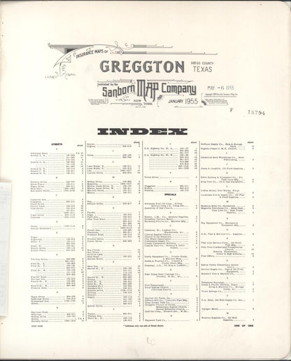 Sanborn Fire Insurance Map from Greggton, Gregg County, Texas (1955), Sheet #0001 - Historic Sanborn Fire Insurance Map Print, vintage old map wall art, antique decor, genealogy gift, Texas Texas map