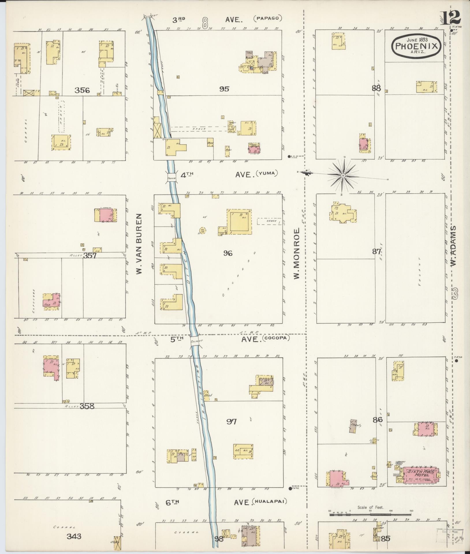 Sanborn Fire Insurance Map from Phoenix, Maricopa County, Arizona (1893), Sheet #0012 - Complete Map Set gallery image, historic Sanborn map, vintage wall art, Arizona Arizona