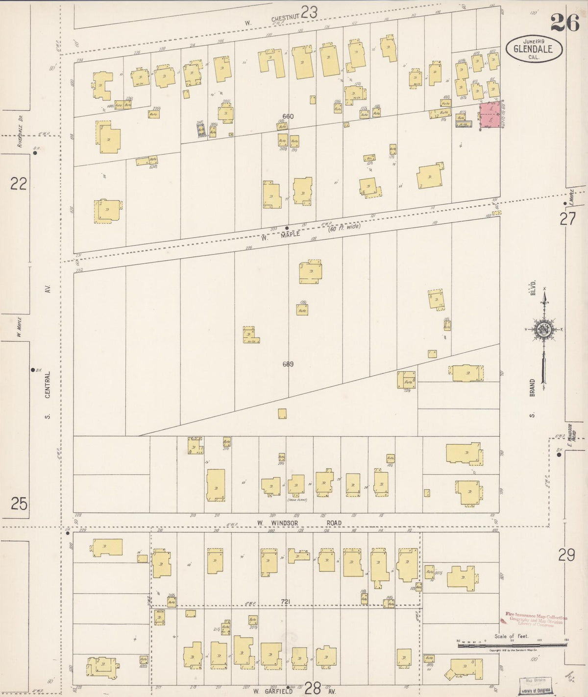 Sanborn Fire Insurance Map from Glendale, Los Angeles County, California (1919), Sheet #0026 - Complete Map Set gallery image, historic Sanborn map, vintage wall art, California California