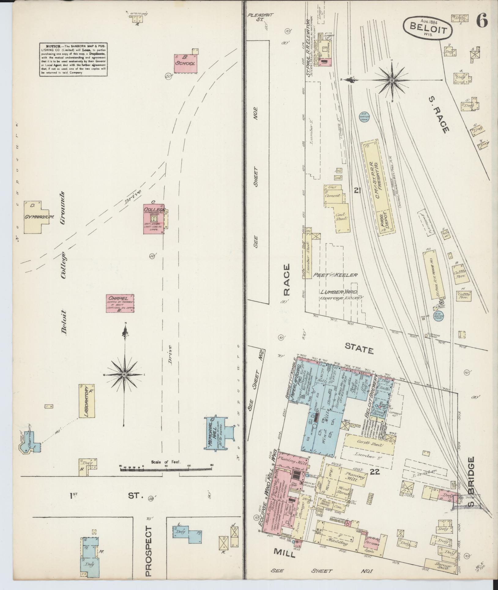Sanborn Fire Insurance Map from Beloit, Rock County, Wisconsin (1884), Sheet #0006 - Historic Sanborn Fire Insurance Map Print, vintage old map wall art, antique decor, genealogy gift, Wisconsin Wisconsin map