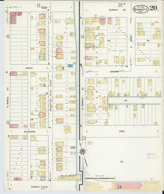 Sanborn Fire Insurance Map from Wyandotte, Wayne County, Michigan (1912), Sheet #0020 - Historic Sanborn Fire Insurance Map Print, vintage old map wall art, antique decor, genealogy gift, Michigan Michigan map