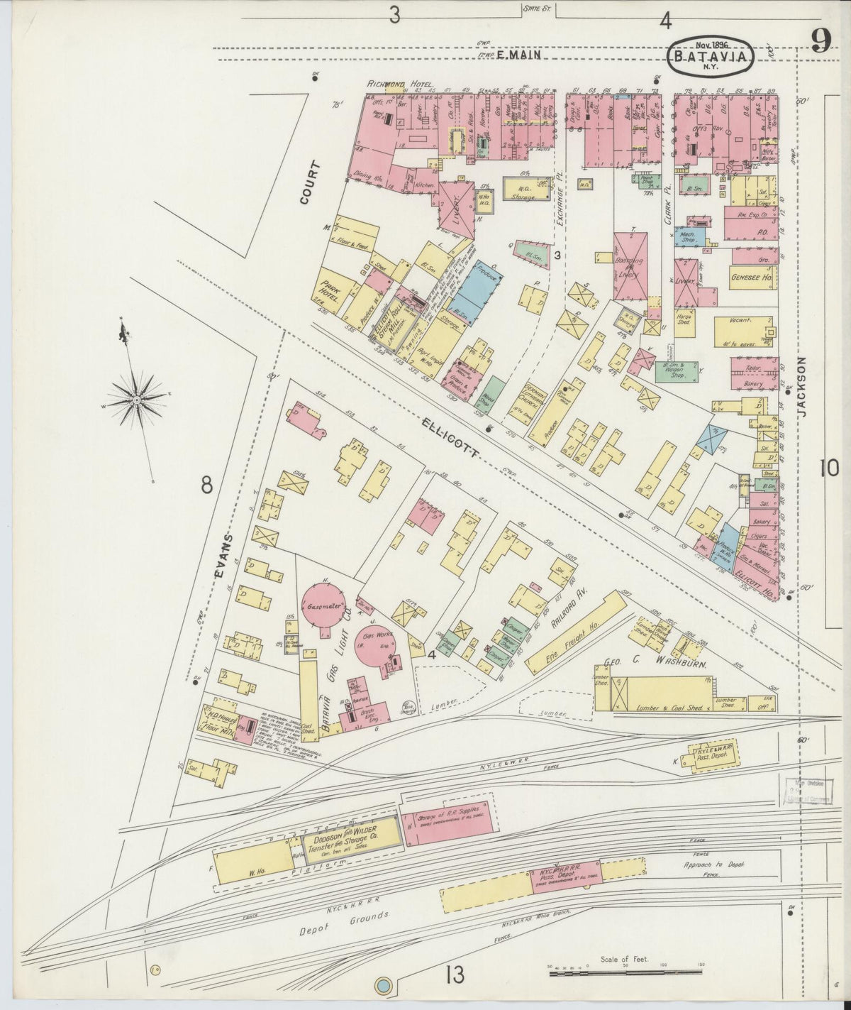 Sanborn Fire Insurance Map from Batavia, Genesee County, New York (1896), Sheet #0009 - Historic Sanborn Fire Insurance Map Print, vintage old map wall art, antique decor, genealogy gift, New York New York map
