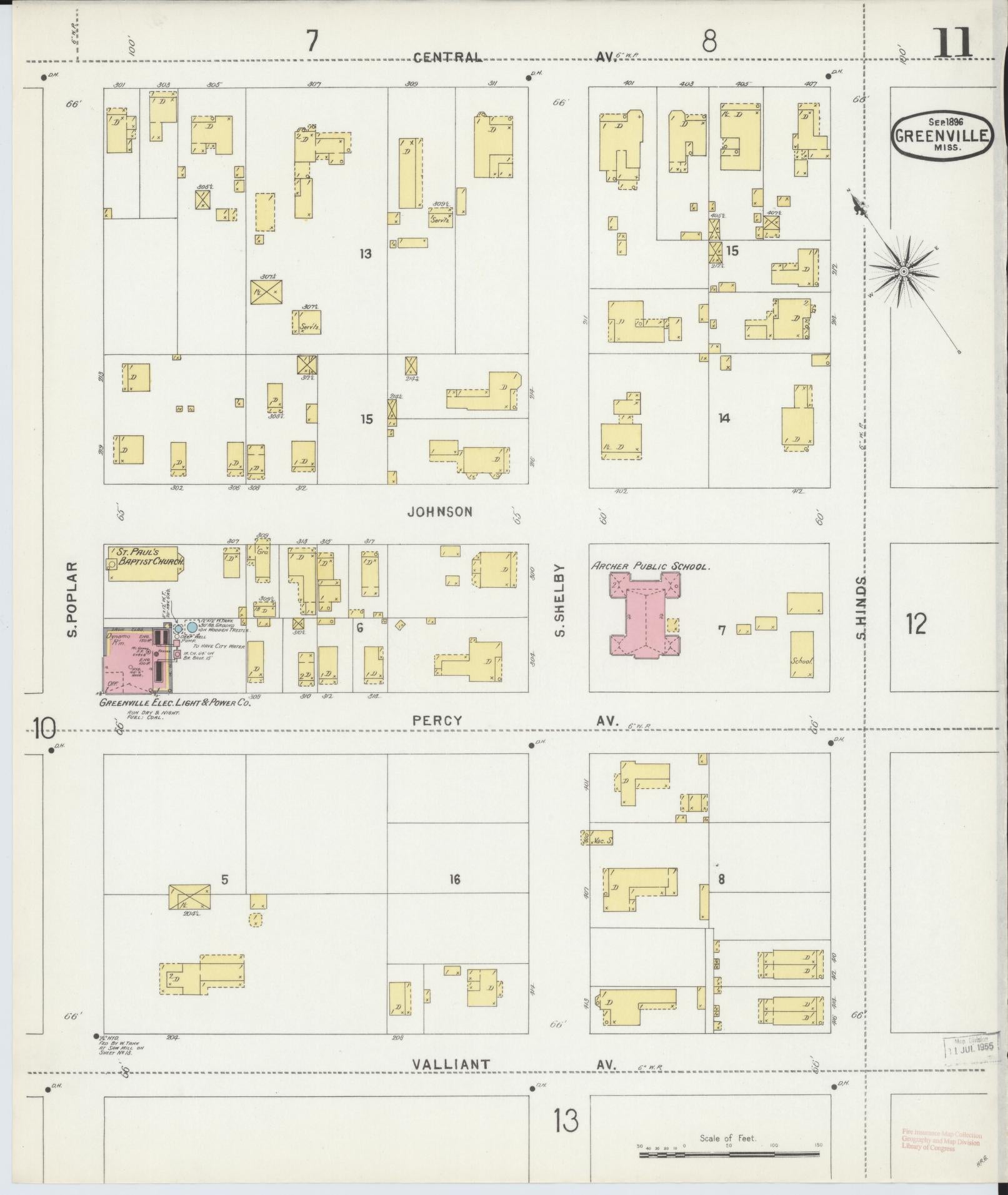 Sanborn Fire Insurance Map from Greenville, Washington County, Mississippi (1896), Sheet #0011 - Historic Sanborn Fire Insurance Map Print, vintage old map wall art, antique decor, genealogy gift, Mississippi Mississippi map