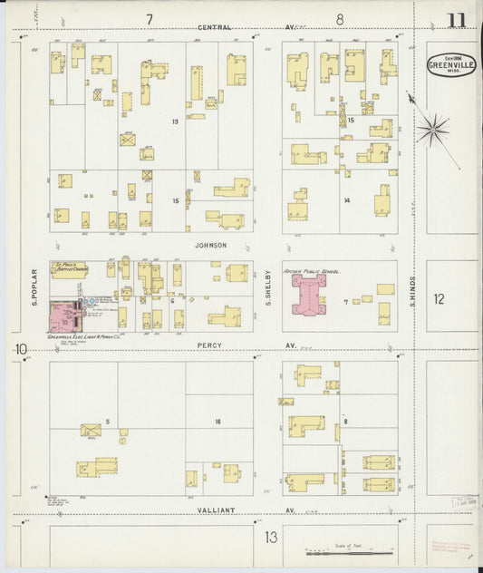 Sanborn Fire Insurance Map from Greenville, Washington County, Mississippi (1896), Sheet #0011 - Historic Sanborn Fire Insurance Map Print, vintage old map wall art, antique decor, genealogy gift, Mississippi Mississippi map