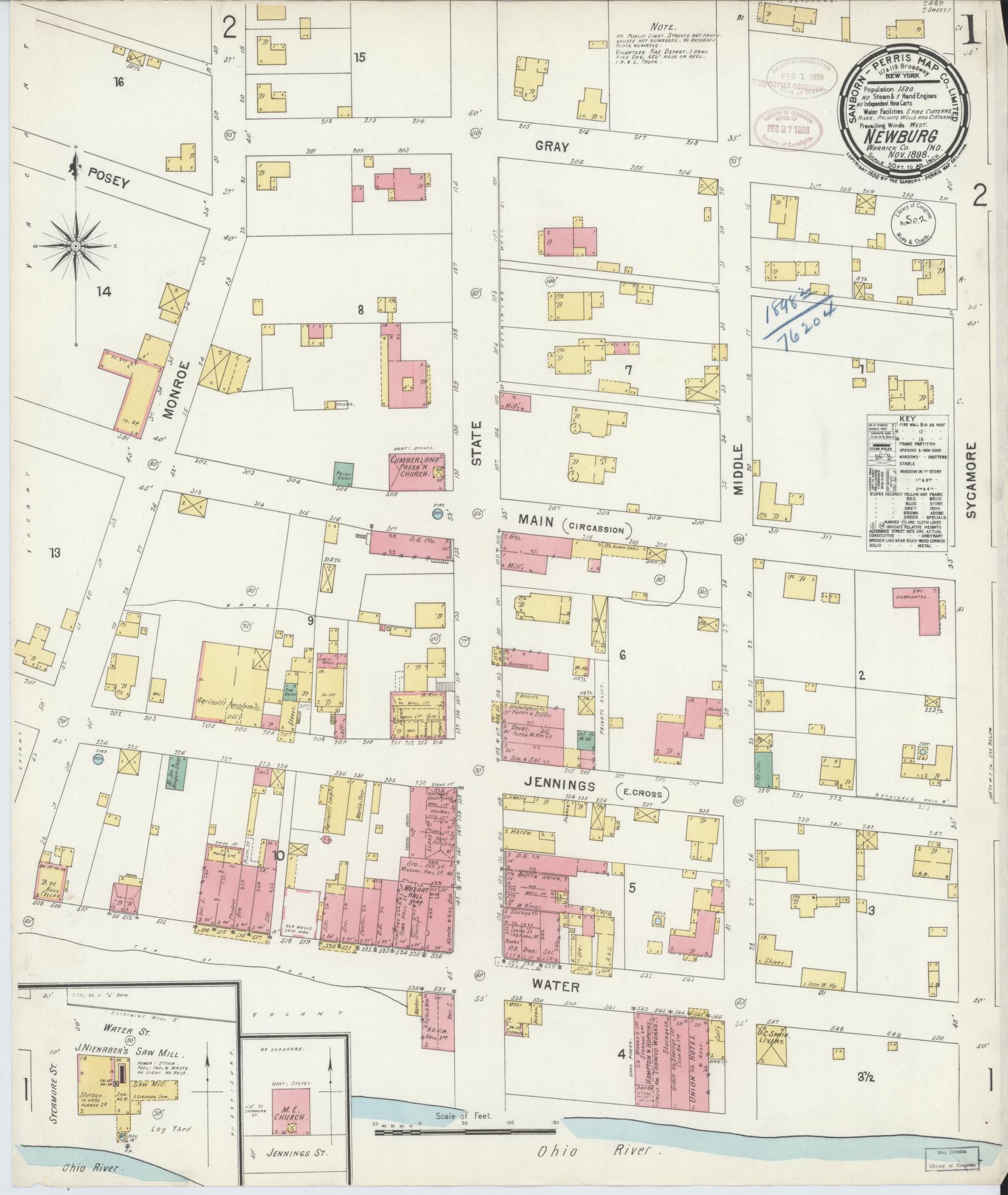 Sanborn Fire Insurance Map from Newburgh, Warrick County, Indiana (1898), Sheet #0001 - Historic Sanborn Fire Insurance Map Print, vintage old map wall art, antique decor, genealogy gift, Indiana Indiana map