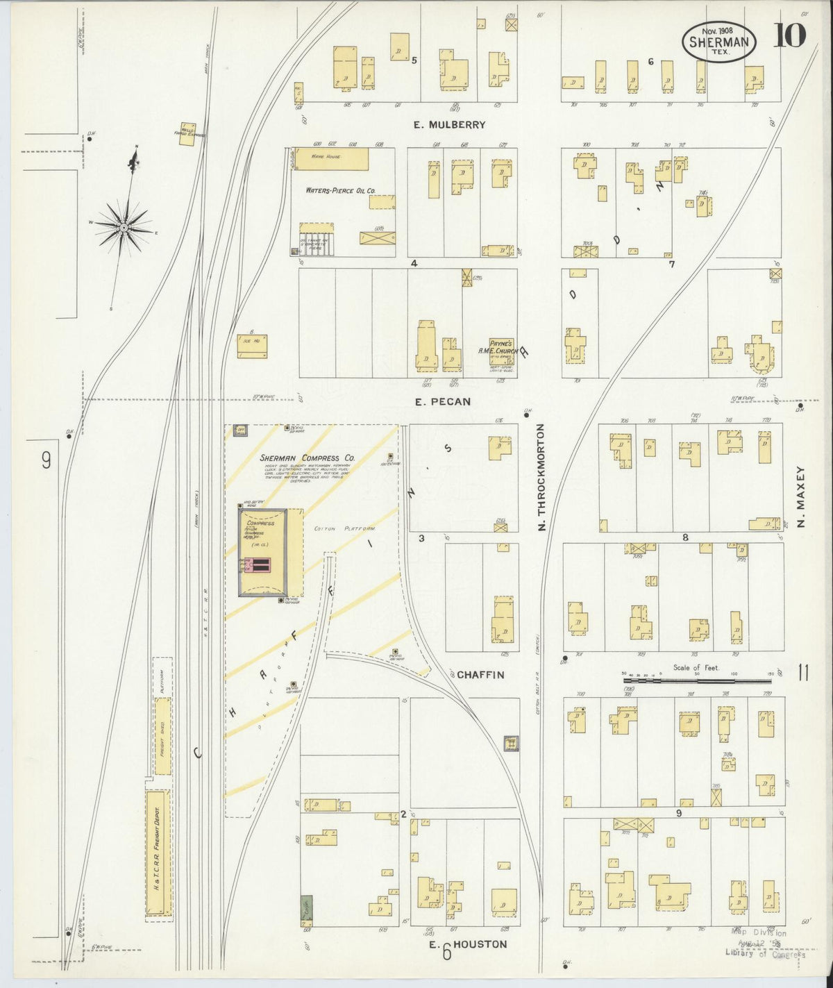 Sanborn Fire Insurance Map from Sherman, Grayson County, Texas (1908), Sheet #0010 - Historic Sanborn Fire Insurance Map Print, vintage old map wall art, antique decor, genealogy gift, Texas Texas map