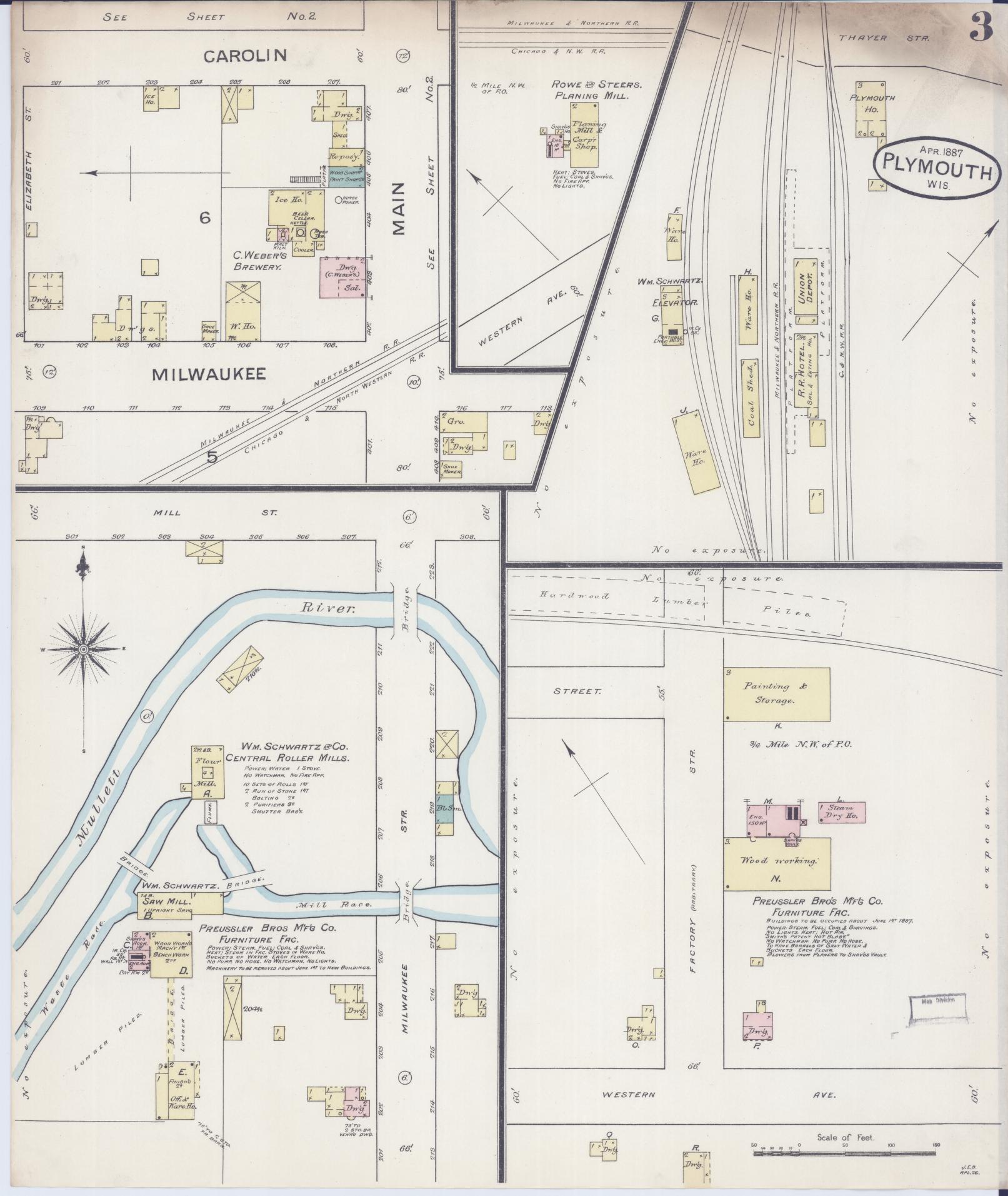 Sanborn Fire Insurance Map from Plymouth, Sheboygan County, Wisconsin (1887), Sheet #0003 - Complete Map Set gallery image, historic Sanborn map, vintage wall art, Wisconsin Wisconsin
