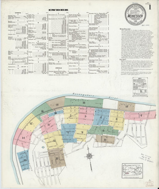Sanborn Fire Insurance Map from Monessen, Westmoreland County, Pennsylvania (1914), Sheet #0001 - Historic Sanborn Fire Insurance Map Print, vintage old map wall art, antique decor, genealogy gift, Pennsylvania Pennsylvania map