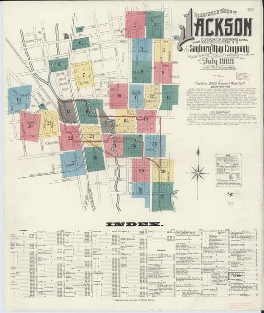 Sanborn Fire Insurance Map from Jackson, Hinds County, Mississippi (1909), Sheet #0001 - Complete Map Set gallery image, historic Sanborn map, vintage wall art, Mississippi Mississippi