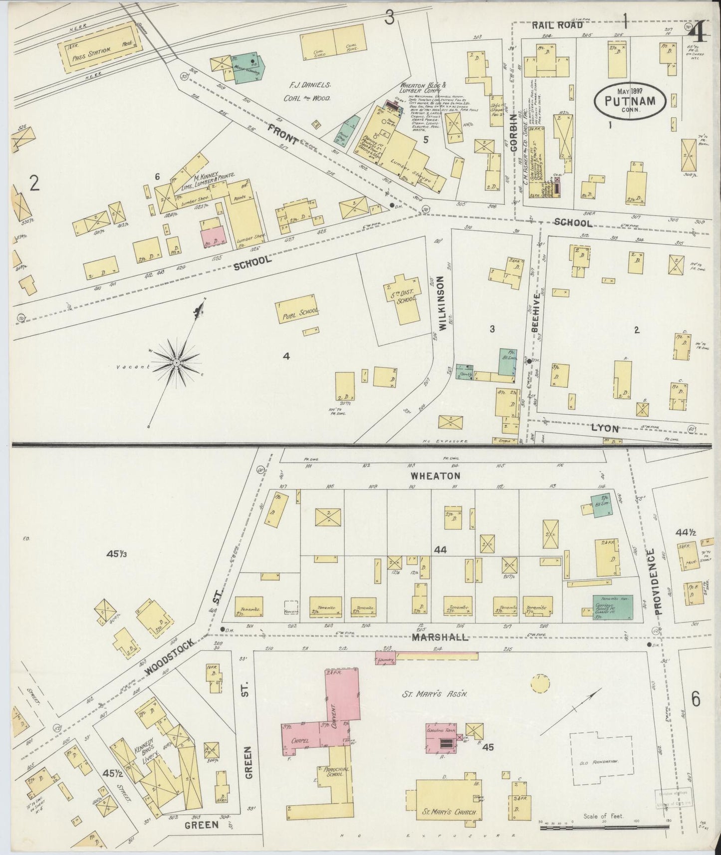 Sanborn Fire Insurance Map from Putnam, Windham County, Connecticut (1897), Sheet #0004 - Historic Sanborn Fire Insurance Map Print, vintage old map wall art, antique decor, genealogy gift, Connecticut Connecticut map