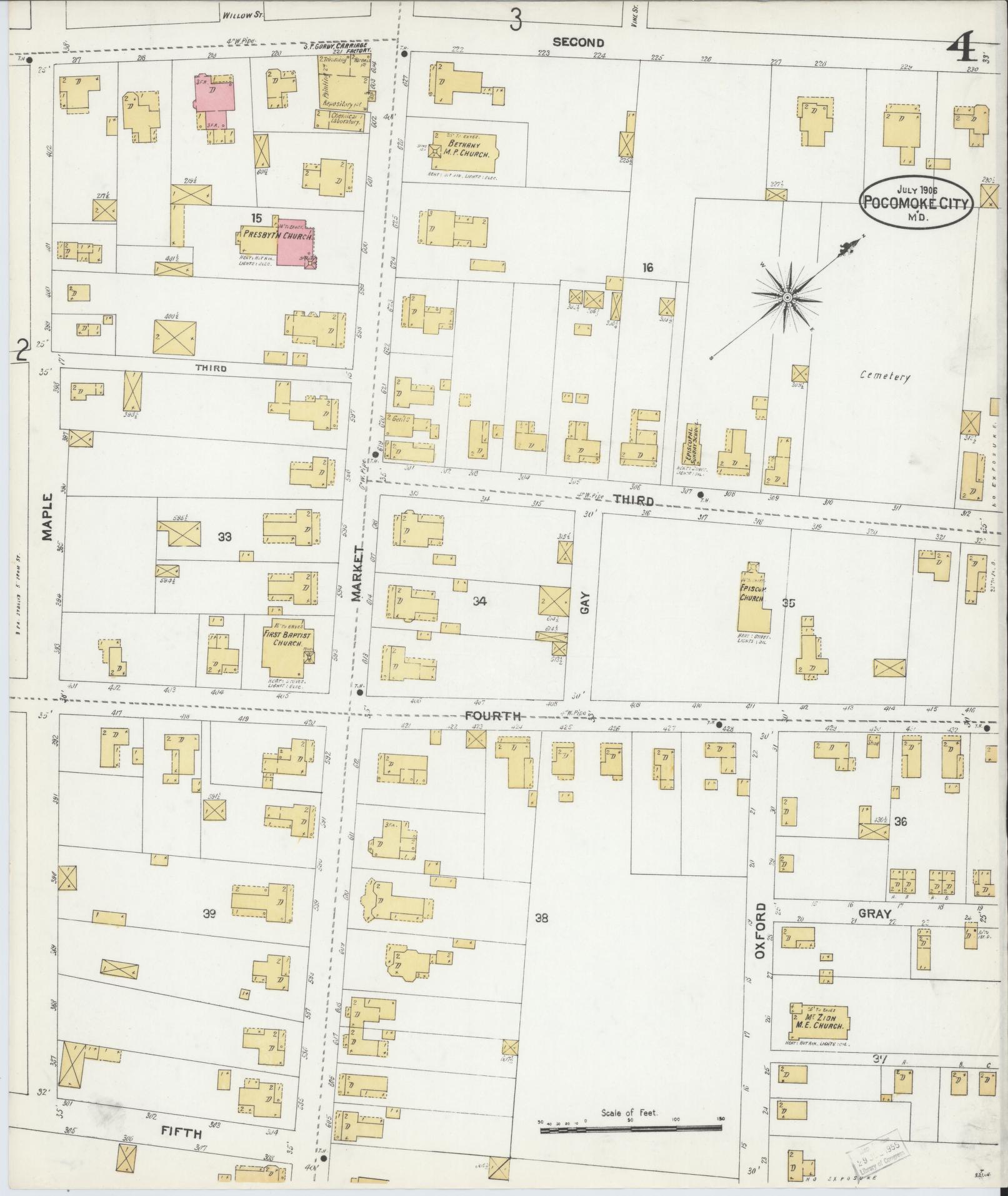 Sanborn Fire Insurance Map from Pocomoke City, Worcester County, Maryland (1906), Sheet #0004 - Historic Sanborn Fire Insurance Map Print, vintage old map wall art
