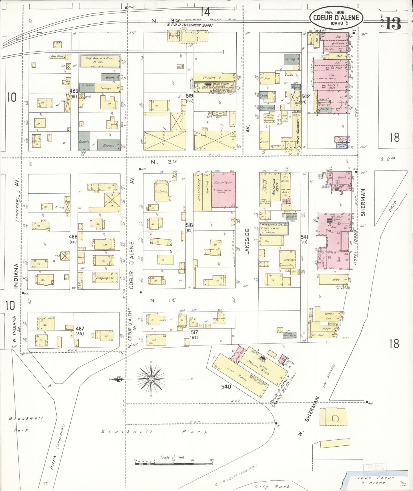 Sanborn Fire Insurance Map from Coeur D'alene, Kootenai County, Idaho (1908), Sheet #0013 - Complete Map Set gallery image, historic Sanborn map, vintage wall art, Idaho Idaho