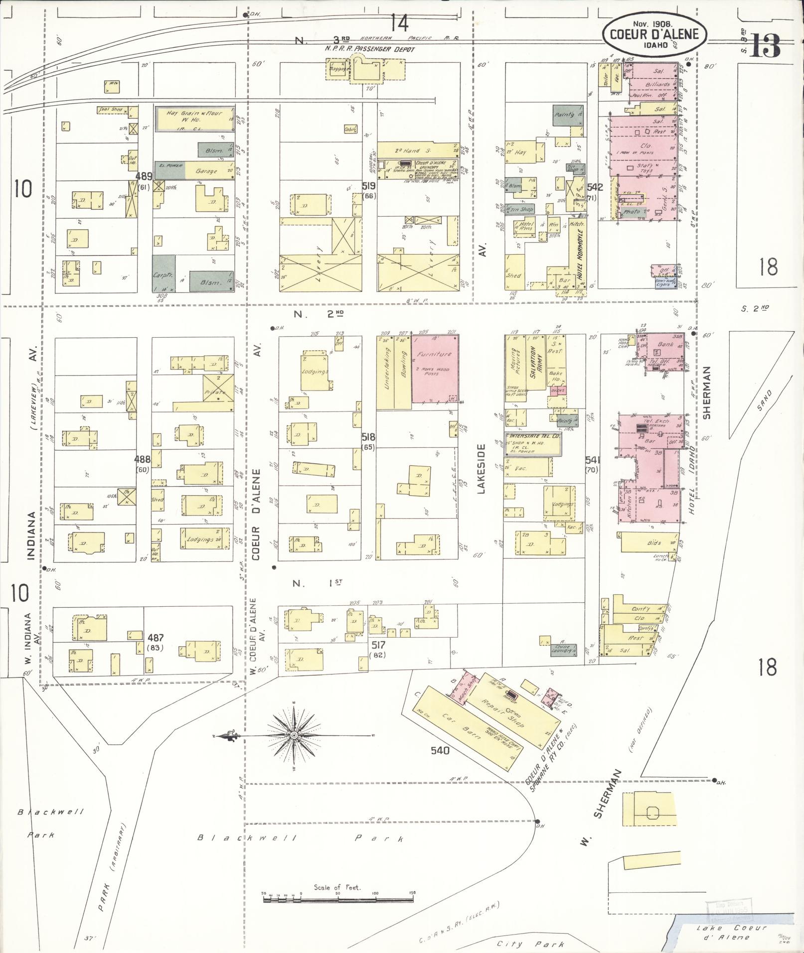 Sanborn Fire Insurance Map from Coeur D'alene, Kootenai County, Idaho (1908), Sheet #0013 - Complete Map Set gallery image, historic Sanborn map, vintage wall art, Idaho Idaho