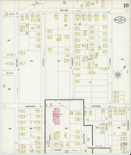 Sanborn Fire Insurance Map from Malden, Middlesex County, Massachusetts (1897), Sheet #0019 - Historic Sanborn Fire Insurance Map Print, vintage old map wall art, antique decor, genealogy gift, Massachusetts Massachusetts map
