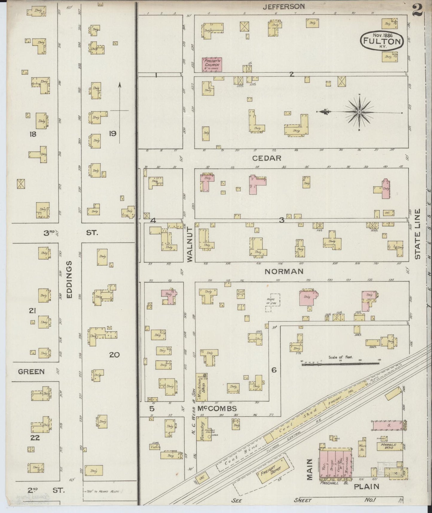 Sanborn Fire Insurance Map from Fulton, Fulton County, Kentucky (1886), Sheet #0002 - Historic Sanborn Fire Insurance Map Print, vintage old map wall art, antique decor, genealogy gift, Kentucky Kentucky map