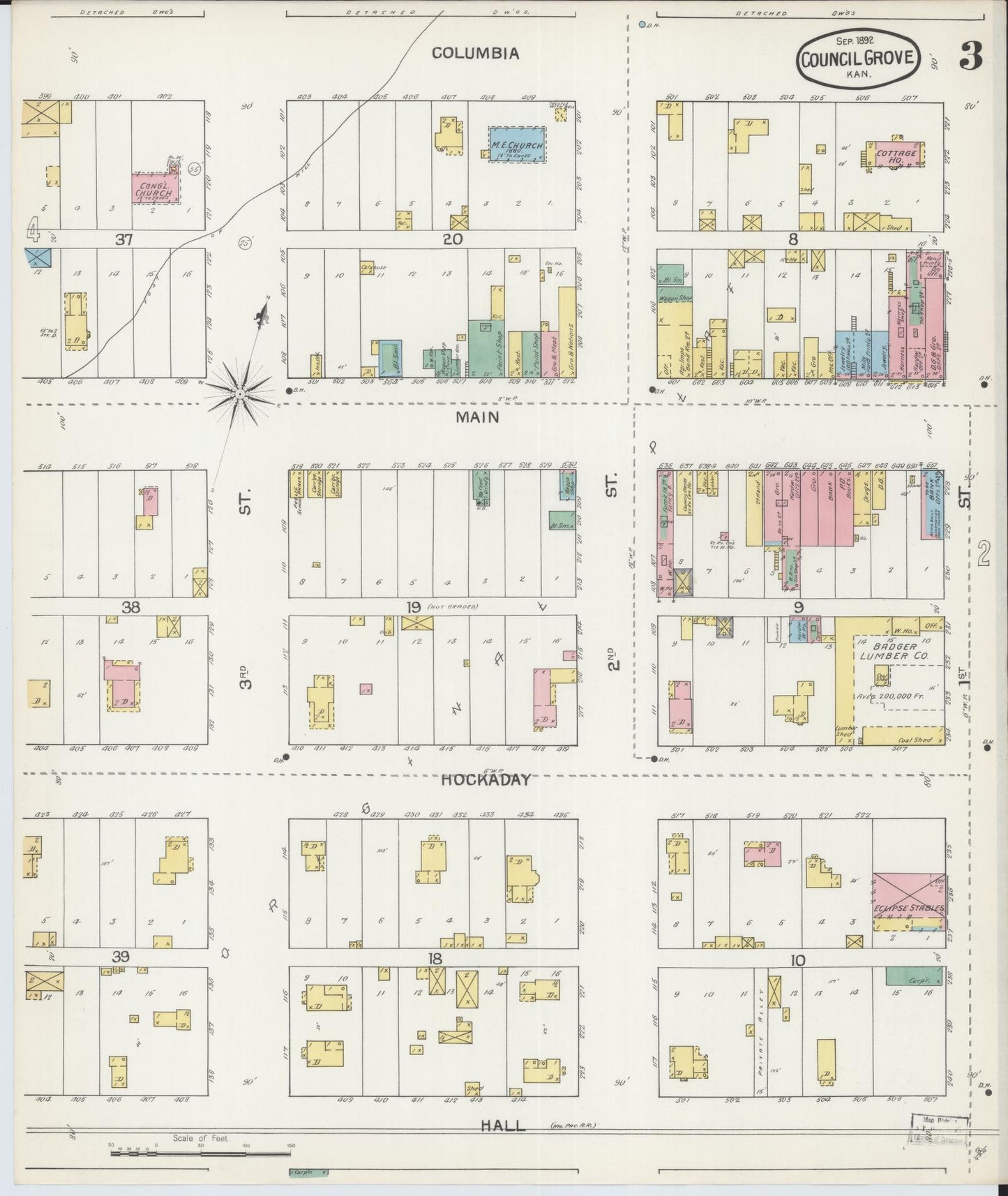 Sanborn Fire Insurance Map from Council Grove, Morris County, Kansas (1892), Sheet #0003 - Historic Sanborn Fire Insurance Map Print, vintage old map wall art, antique decor, genealogy gift, Kansas Kansas map