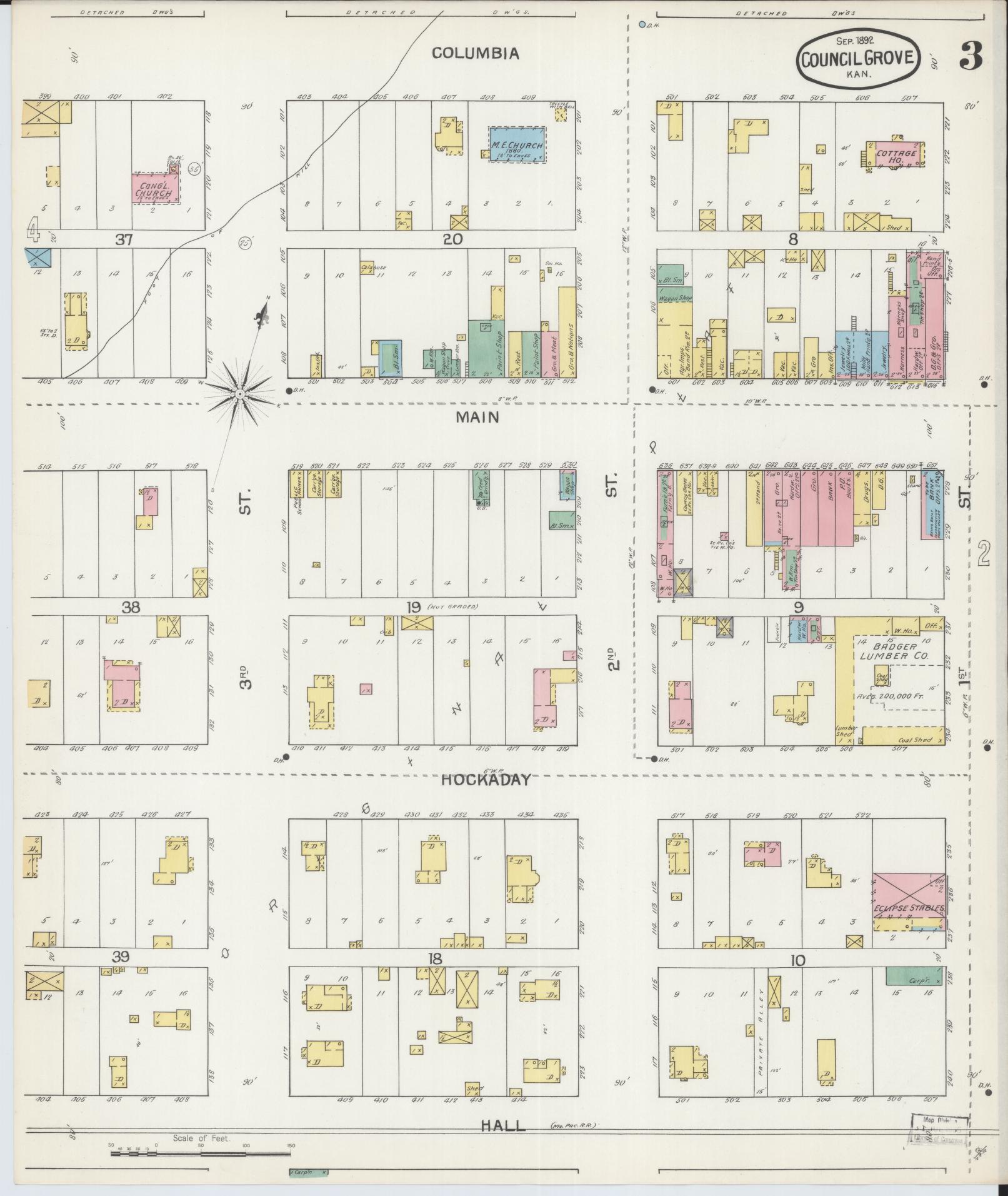 Sanborn Fire Insurance Map from Council Grove, Morris County, Kansas (1892), Sheet #0003 - Historic Sanborn Fire Insurance Map Print, vintage old map wall art, antique decor, genealogy gift, Kansas Kansas map