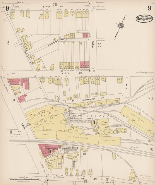 Sanborn Fire Insurance Map from Bloomsburg, Columbia County, Pennsylvania (1922), Sheet #0009 - Historic Sanborn Fire Insurance Map Print, vintage old map wall art, antique decor, genealogy gift, Pennsylvania Pennsylvania map