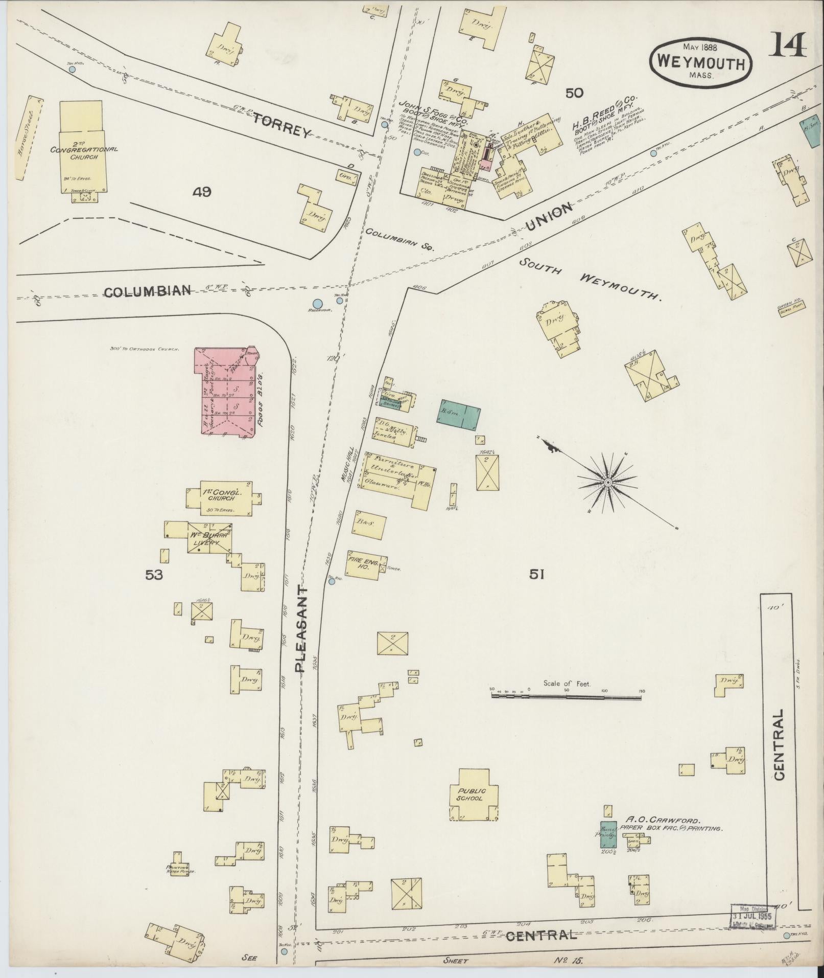 Sanborn Fire Insurance Map from Weymouth, Norfolk County, Massachusetts (1888), Sheet #0014 - Historic Sanborn Fire Insurance Map Print, vintage old map wall art, antique decor, genealogy gift, Massachusetts Massachusetts map