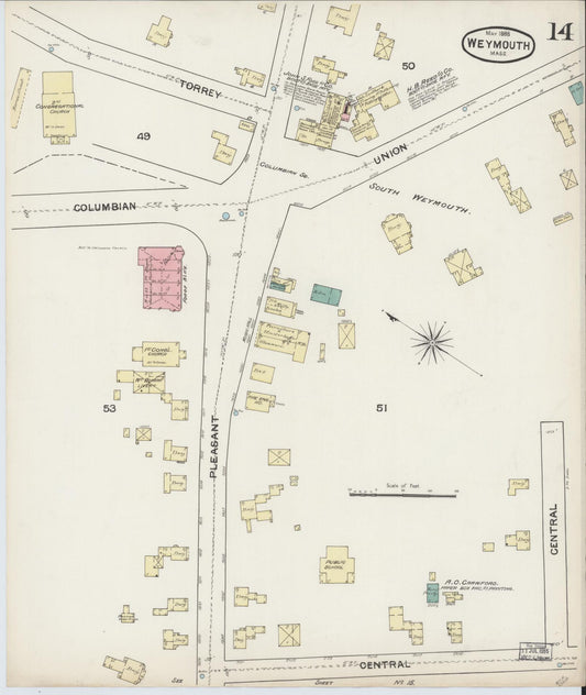 Sanborn Fire Insurance Map from Weymouth, Norfolk County, Massachusetts (1888), Sheet #0014 - Historic Sanborn Fire Insurance Map Print, vintage old map wall art, antique decor, genealogy gift, Massachusetts Massachusetts map