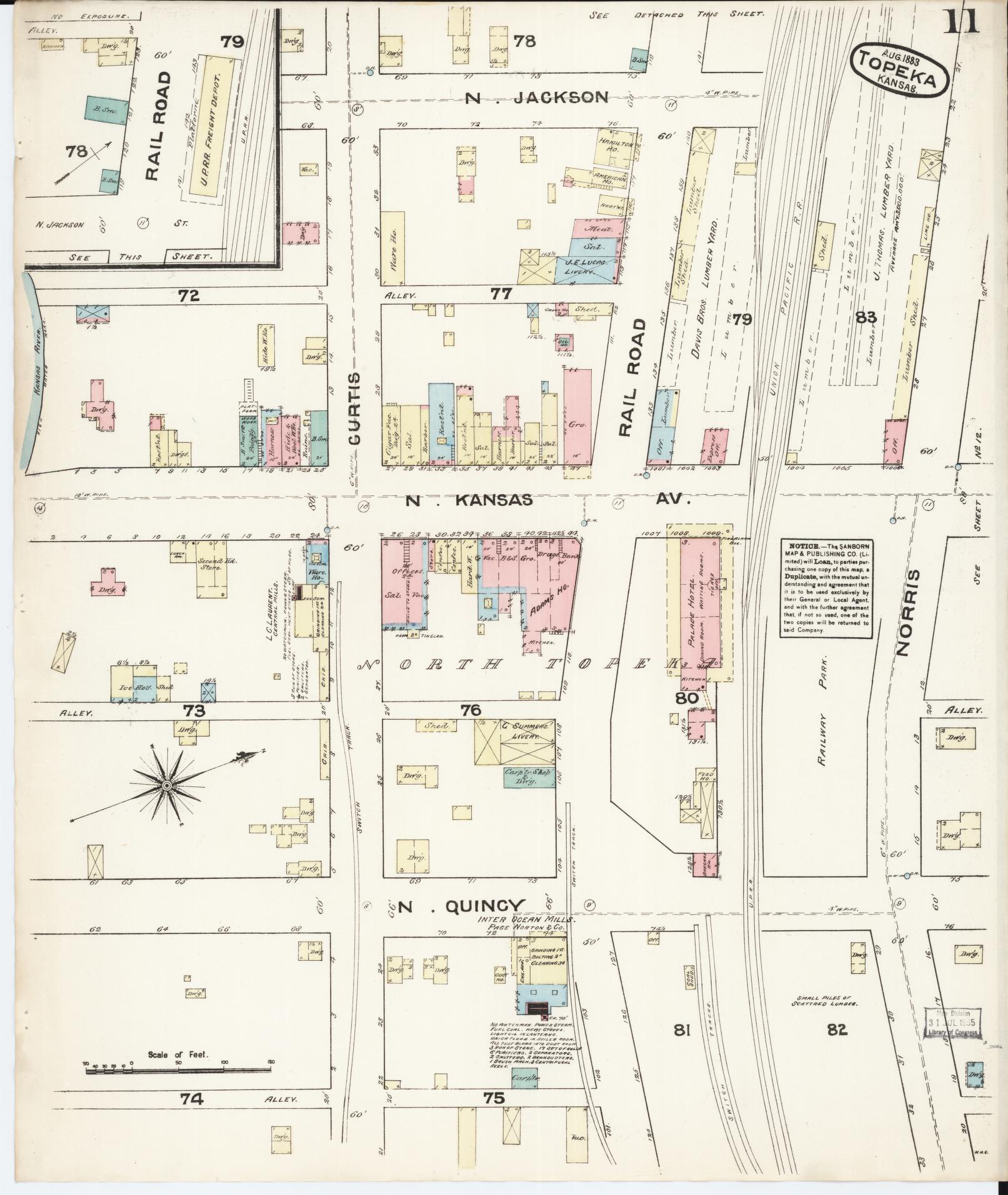 Sanborn Fire Insurance Map from Topeka, Shawnee County, Kansas (1883), Sheet #0011 - Historic Sanborn Fire Insurance Map Print, vintage old map wall art, antique decor, genealogy gift, Kansas Kansas map