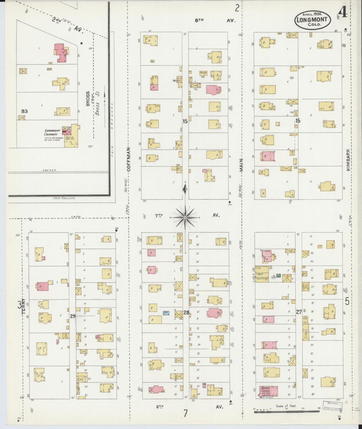Sanborn Fire Insurance Map from Longmont, Boulder County, Colorado (1906), Sheet #0004 - Complete Map Set gallery image, historic Sanborn map, vintage wall art, Colorado Colorado