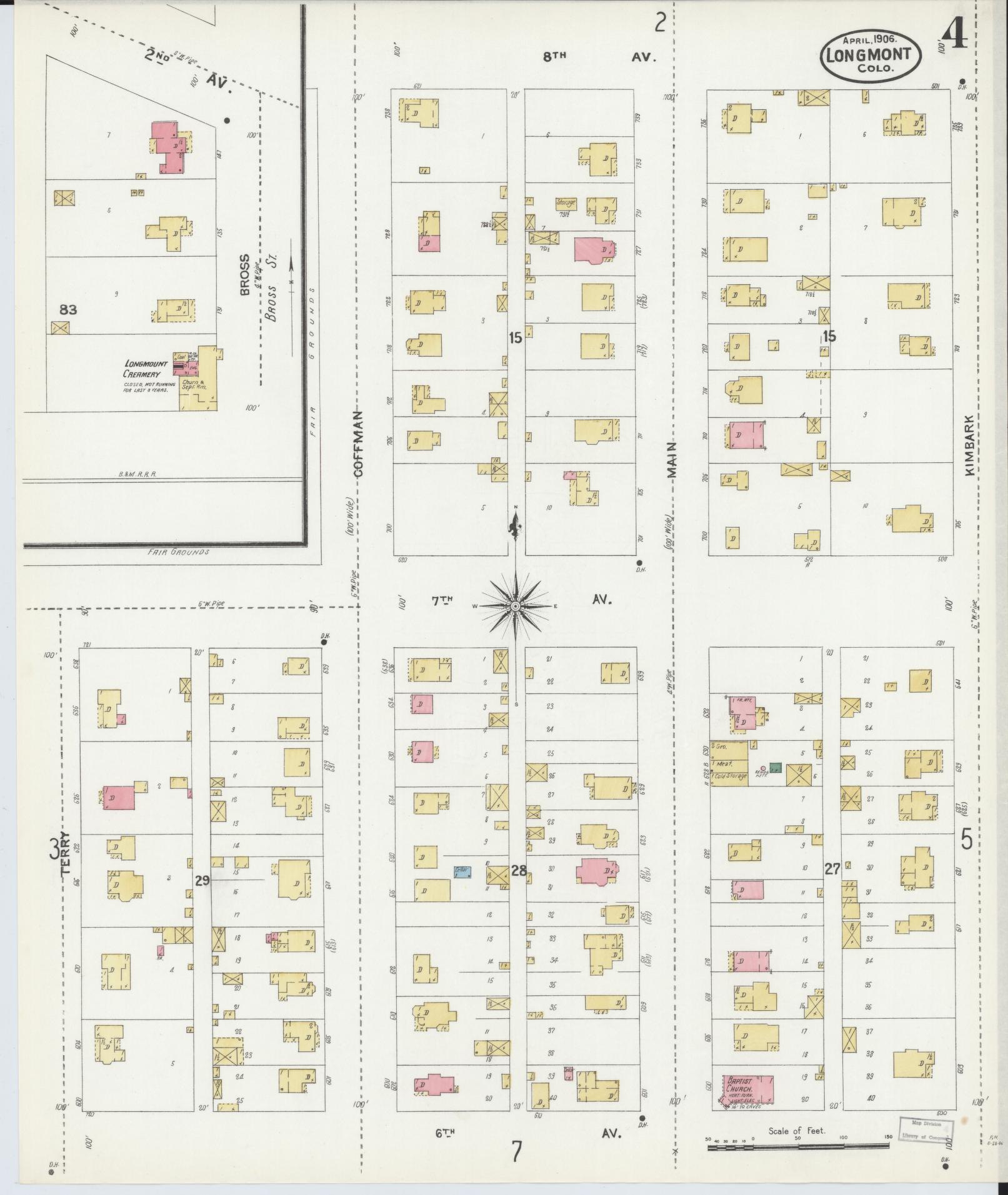 Sanborn Fire Insurance Map from Longmont, Boulder County, Colorado (1906), Sheet #0004 - Complete Map Set gallery image, historic Sanborn map, vintage wall art, Colorado Colorado