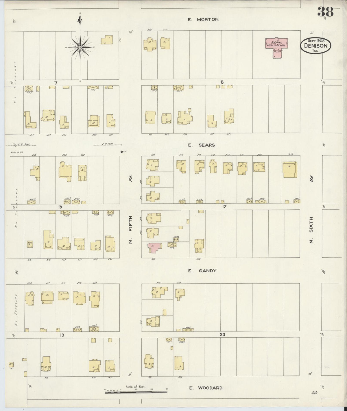 Sanborn Fire Insurance Map from Denison, Grayson County, Texas (1908), Sheet #0038 - Complete Map Set gallery image, historic Sanborn map, vintage wall art, Texas Texas