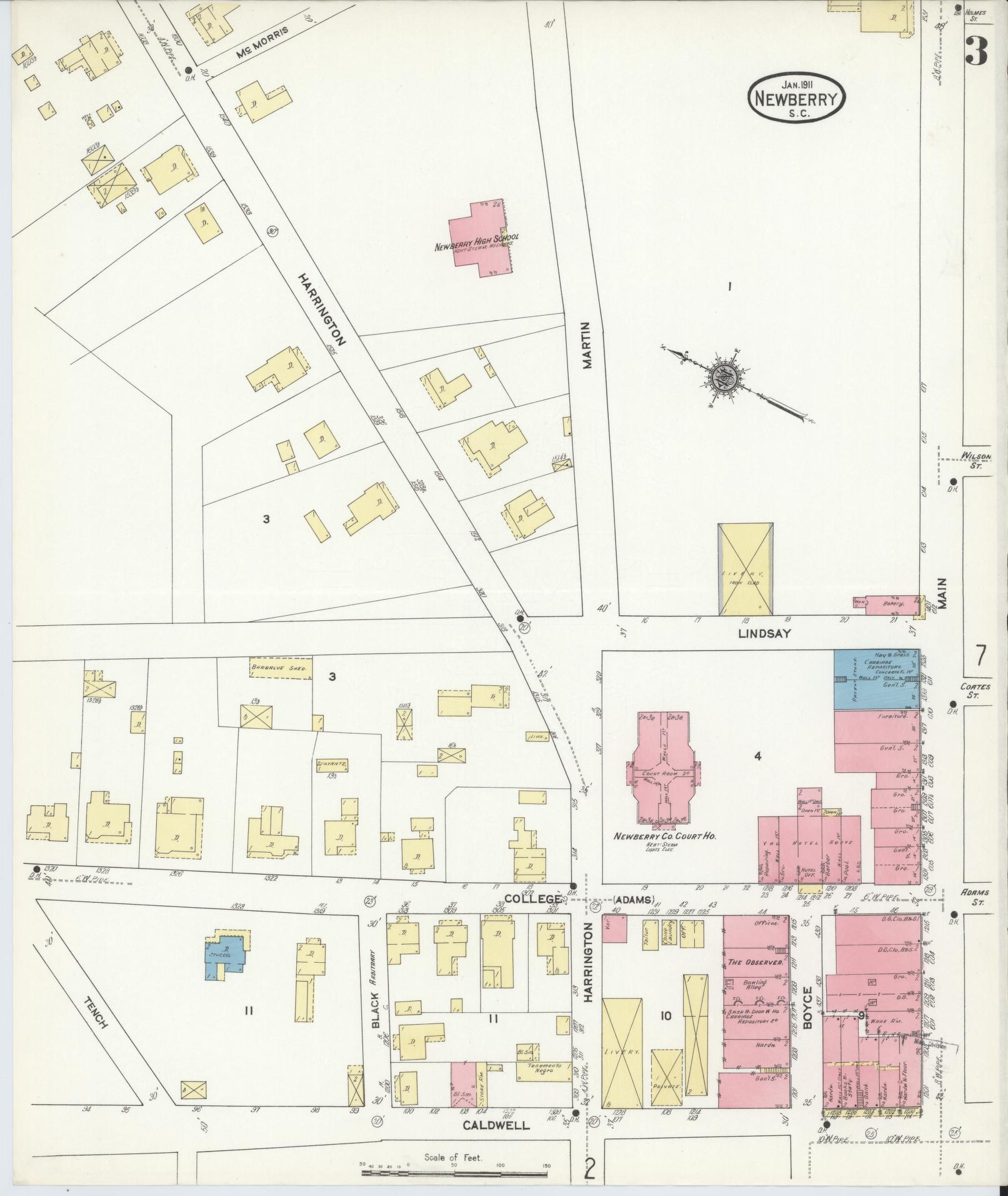 Sanborn Fire Insurance Map from Newberry, Newberry County, South Carolina (1911), Sheet #0003 - Historic Sanborn Fire Insurance Map Print, vintage old map wall art, antique decor, genealogy gift, South Carolina South Carolina map