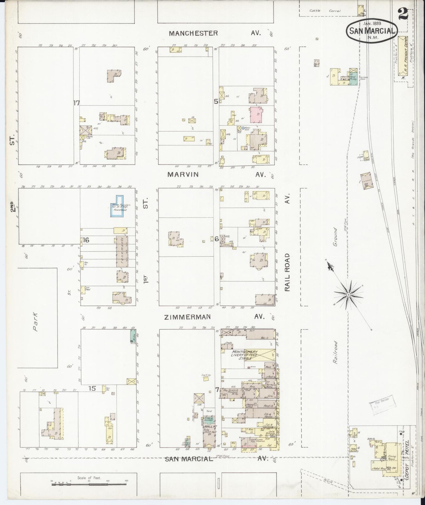 Sanborn Fire Insurance Map from San Marcial, Socorro County, New Mexico (1893), Sheet #0002 - Historic Sanborn Fire Insurance Map Print, vintage old map wall art, antique decor, genealogy gift, New Mexico New Mexico map