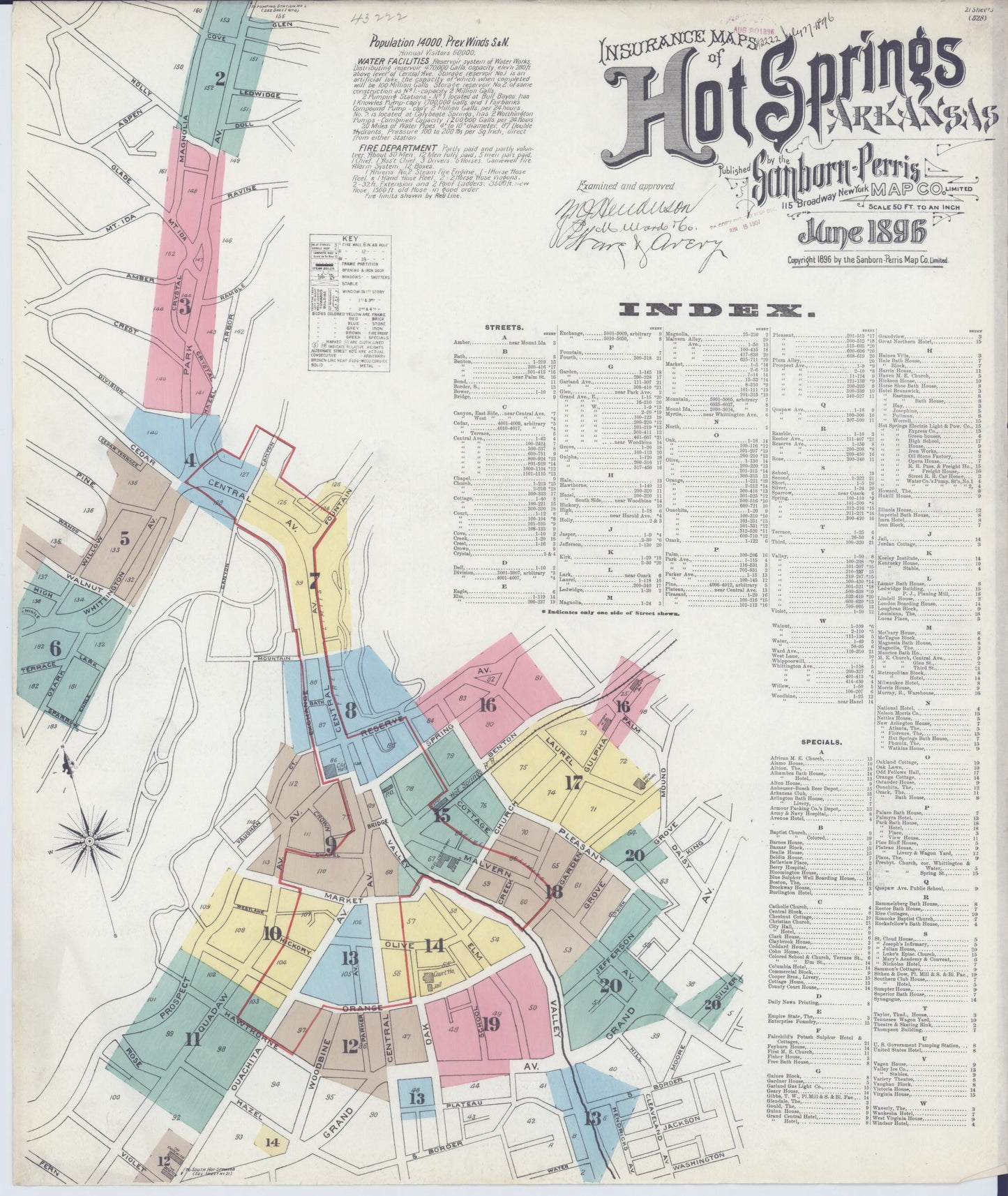 Sanborn Fire Insurance Map from Hot Springs, Garland County, Arkansas (1896), Sheet #0001 - Complete Map Set gallery image, historic Sanborn map, vintage wall art, Arkansas Arkansas