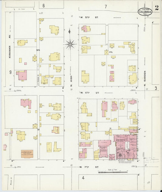 Sanborn Fire Insurance Map from Columbia, Maury County, Tennessee (1909), Sheet #0002 - Historic Sanborn Fire Insurance Map Print, vintage old map wall art, antique decor, genealogy gift, Tennessee Tennessee map