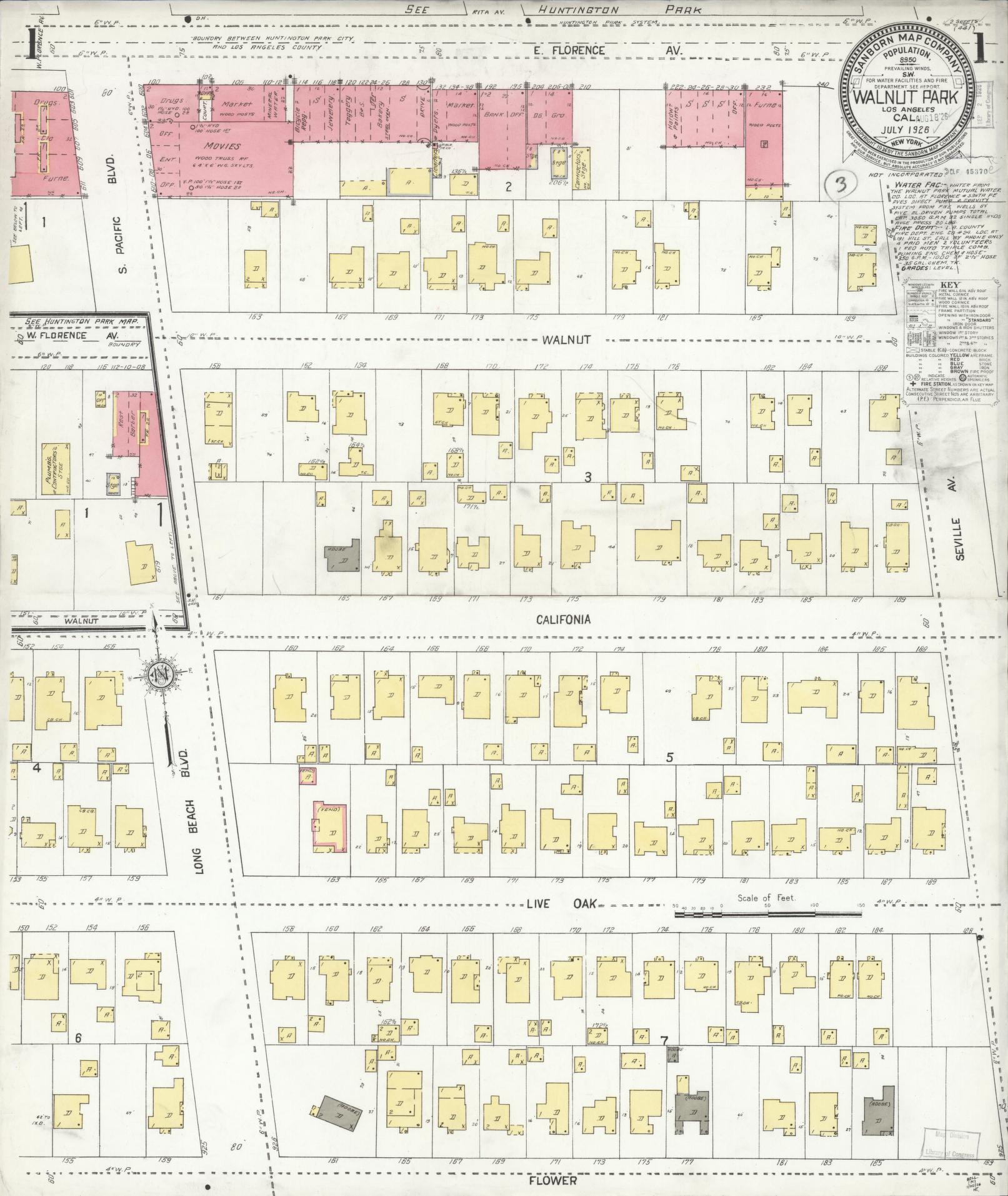Sanborn Fire Insurance Map from Walnut Park, Los Angeles County, California (1926), Sheet #0001 - Complete Map Set gallery image, historic Sanborn map, vintage wall art, California California