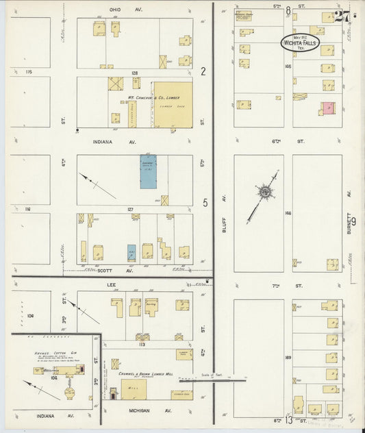 Sanborn Fire Insurance Map from Wichita Falls, Wichita County, Texas (1912), Sheet #0027 - Historic Sanborn Fire Insurance Map Print, vintage old map wall art, antique decor, genealogy gift, Texas Texas map